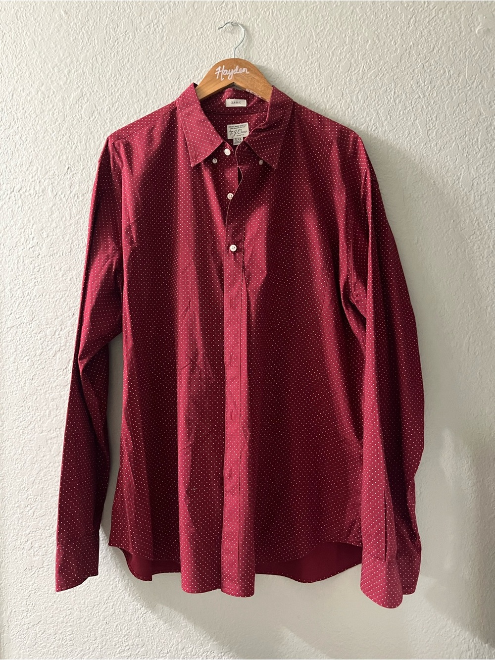J Crew Men's Burgundy Red Dot-Pattern Long Sleeve Button-Down Shirt